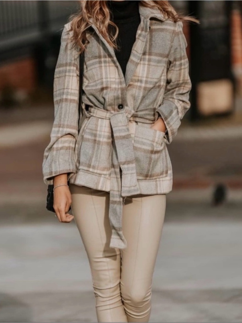 H&M Gray Beige Plaid Wool Blend Belted Shacket Jacket Coat XS Minimalist